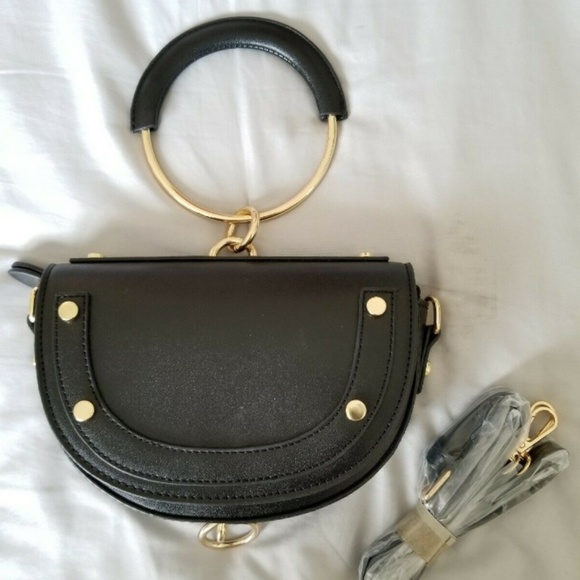 Handbags - Boutique Black Fx Leather Ring Handle Purse Clutch